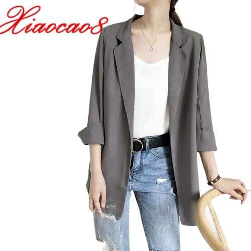 Summer Chiffon Blazer Three Qurater Women Suit Jacket Oversize Solid Cardigan 2021 Korean Style Thin Blazers Femme Clothing