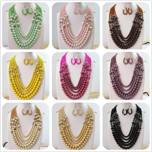 Fashion earrings 5rows necklace crystal glass abacus round shell simulated-pearl beads women weddings jewelry set 20-25.5"B984