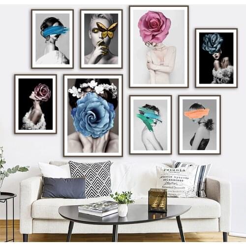 Wall Canvas Modern Fashion Posters and Prints Home Decor Woman with Flower Paintings for Interior Frameless Pictures