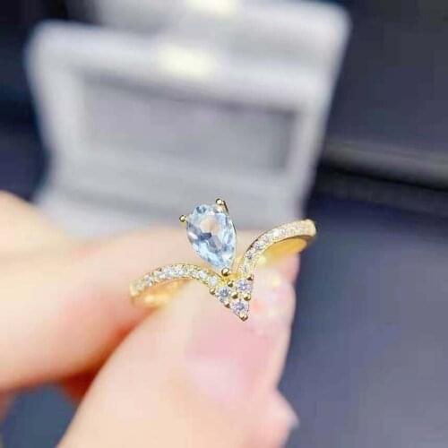 Natural Aquamarine Simple Women’s Ring Real S925 Sterling Silver Fine Fashion Wedding Jewelry MeibaPJFS