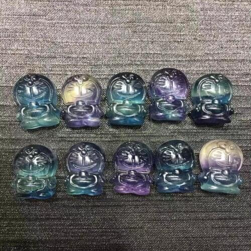 NNatural Stone Figurines Rainbow Fluorite Doraemon Quartz Crystal Craft Carved Animals Cat Statue Reiki Healing for Home Decor