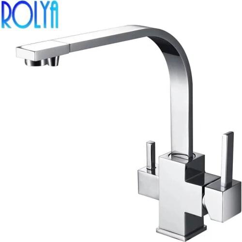2020 Wholesale Square Style Solid Brass Swivel Chrome Sink Mixer 3 Way Kitchen Tap Black with Drinking Water Filter