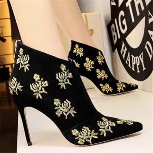 Suede Sexy Embroidered Women Boots Booties in Ankle Boots Gladiator High Heels Autumn Winter Boots Shoes Woman Pumps Botas Mujer