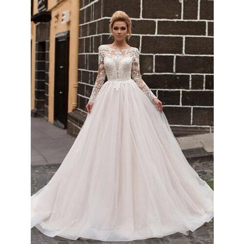 Sexy Illusion Long Sleeve A Line Lace Wedding Dresses 2021 Elegant O Neck Appliques Court Train Tulle Vintage Bridal Gown