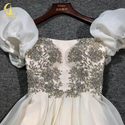 Rhine real Pictures Organza Sliver Crystal Tea-Length Fashion Puff Sleeves robes de bal Prom Dresses платье 2021 Party Dress