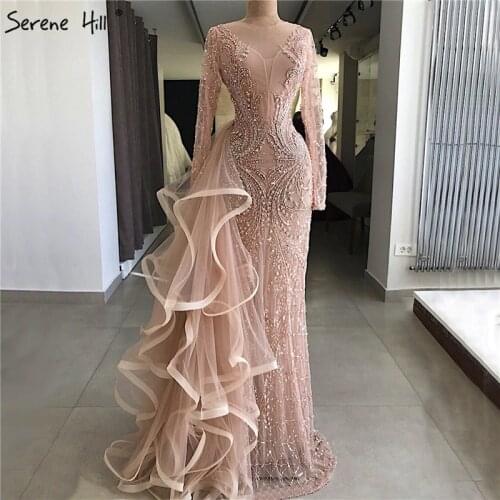 Latest Design Peach Long Sleeves Evening Dresses 2020 Diamond Beading Luxury Mermaid Evening Gowns Real Photo LA6645