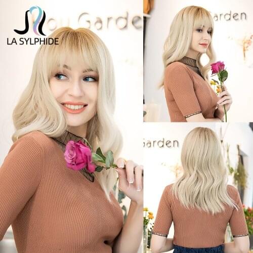 La Sylphide Synthetic Wig Medium Long Natural Wave Root Brown Ombre Ash Blonde Wigs with Bangs for White Black Woman Cute wigs
