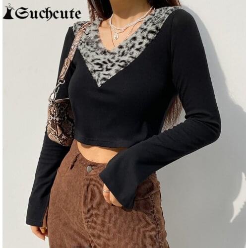 SUCHCUTE Leopard Fur Trim V-Neck Womens T-Shirt Goth Aesthetic Black Long Sleeve Shirt Autumn Streetwear Skinny Crop Tops