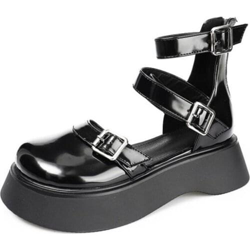 Women Ankle Strap Platform Flats Lolita Shoes Ladies Buckle Mary Janes Shoes Patent Leather College Student Casual Shoes