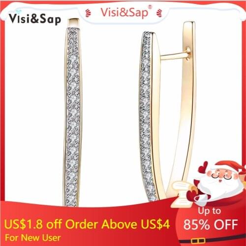 Visisap Shining Cubic Zirconia V Shape Hoop Earrings For Women Girls Gifts Earring Fashion Jewelry Champagne Gold Color VKZCE127