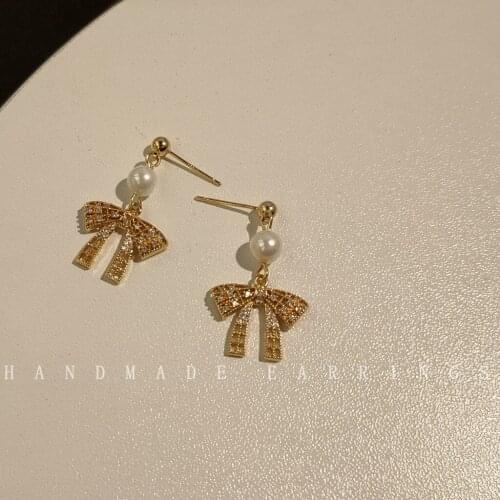 Drop Earrings for Women Fashion Zircon Bow Hollow Earrings Simple Pearl Geometric Pendant Earrings Jewelry Wholesale