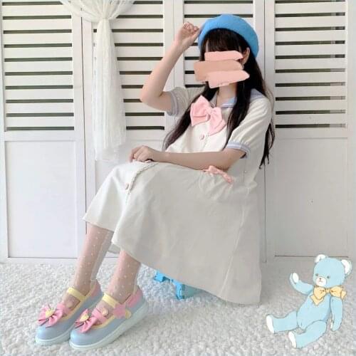 Japanese Sweet Lolita Daily Shoes Vintage Round Head Thick Bottom Women Shoes Lace Bowknot Kawaii Shoes Kawaii Girl Loli Cos