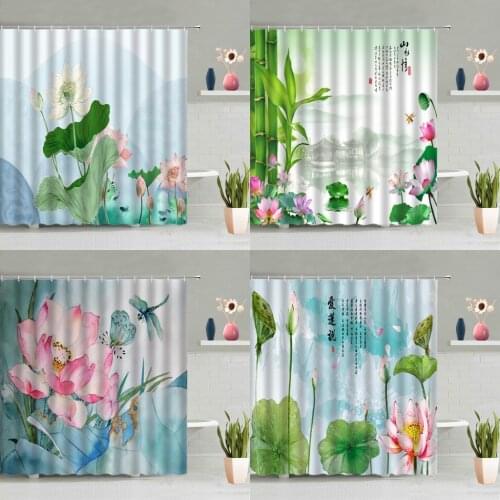 Chinese Style Lotus Shower Curtain Green Bamboo Pink Flower Plant Goldfish Bathtub Decor Screen Waterproof Polyester With Hook