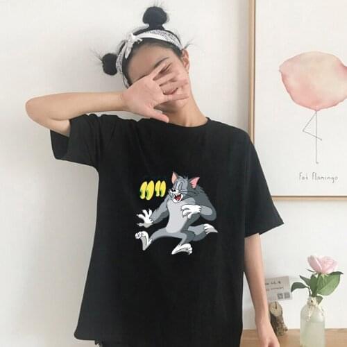 Korean Fashion Minimalist Style Female T-Shirts Kawaii Girls Cartoon Short Sleeves Pulovers Black and White Women Casual Outfits