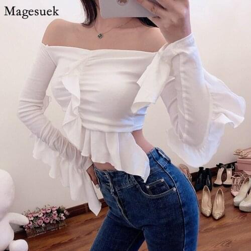 Short Ruffled Slash Neck Sexy Corset Top Blouses Long Sleeve White Blouse Femme New Cotton Casual Solid Shirts Tops Female 12575