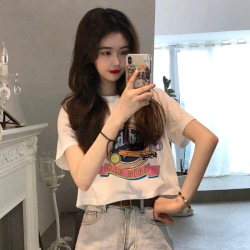 White Summer pop Street wear Women chic casual Tops Tees vintage clothes Harajuku Short Cartoon alphabet car Print T-Shirt