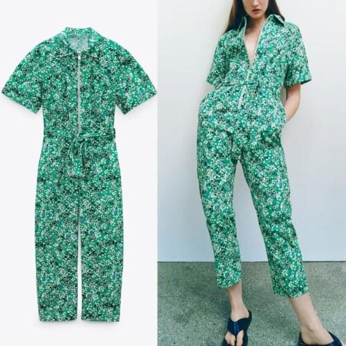 Za 2021 Floral Print Green Zip Jumpsuit Women Short Sleeve Belted Elegant Summer Jumpsuits Female Fashion Fitted Long Rompers