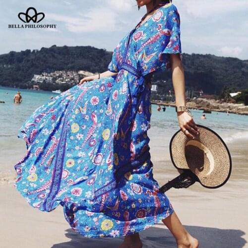 Bella Philosophy 2019 summer women bohemian maxi dress V Neck female print beach dress high waist ankle length long dress
