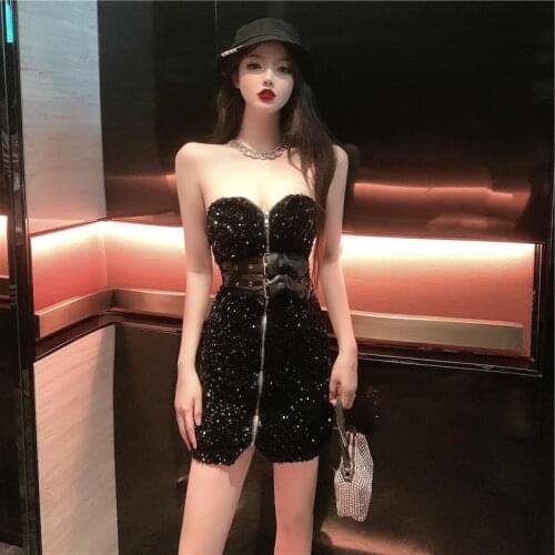 2021 New Web Celebrity Sexy Sparkly Sequins Show Thin Waist Belt Zipper with Breast Bottom Dress Women Glitter dress