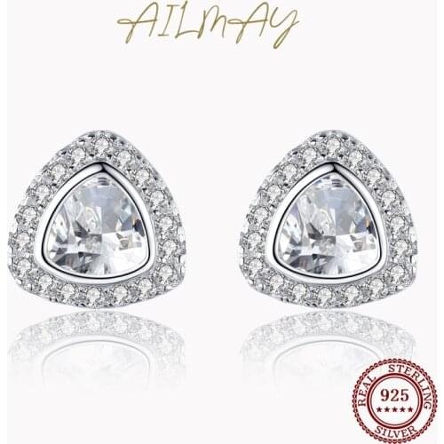 Ailmay 925 Sterling Silver Shiny zircon Triangle Earrings Studs For Women Classic Luxury Wedding Accessories Jewelry GIFT