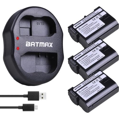 Batmax 3pcs EN-EL15 EN EL15 ENEL15 Battery+USB Dual Charger for Nikon D600 D610 D600E D800 D800E D810 D7000 D7100 d750 ,Z6,Z7