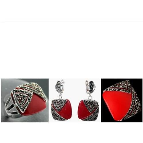 Free Shipping Noble Red Carved Lacquer Marcasite 925 Sterling Silver Square Ring(#7-10) Earrings & Pandent jewelry sets