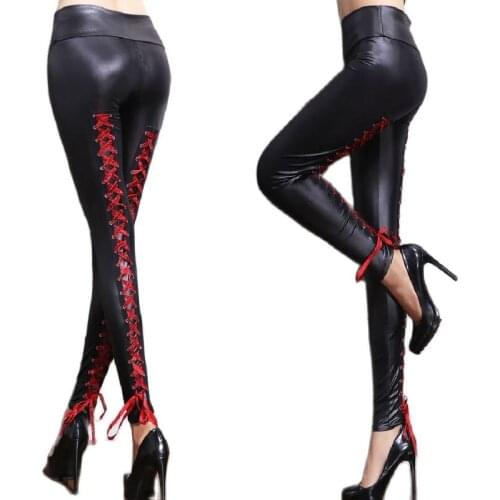 PU Leather Tie Rope Bottoms Matte Imitation Leatherette Legging High-Waisted Pencil Pants Trouser Leg Bundling Belt Panty Girdle