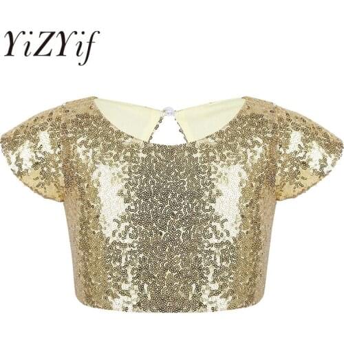 Kids Girls Jazz Dance Cap Sleeves Sparkly Sequins Keyhole Back Crop Top for Dance Stage Performance Birthday Party Daily Wear