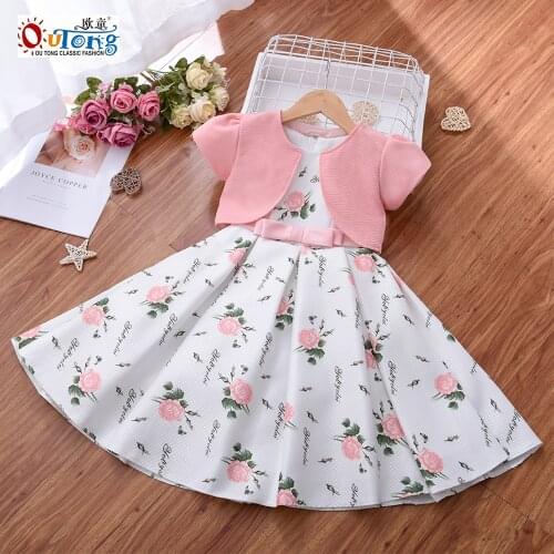 Outong Dresses Girls For 5-9 Years Summer Coat Bow Puttee Cotton Print Frock 8 Years Girl Dress For Casual Go Outing Party Set