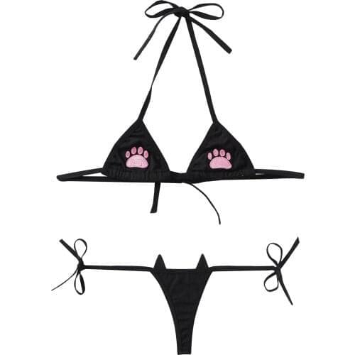 2pcs Cute Lingerie Bra Set Women Cartoon Cat Paw Embroidered Bikini Set Ladies Swimsuit Swimwear Halter Neck Bra With G-string