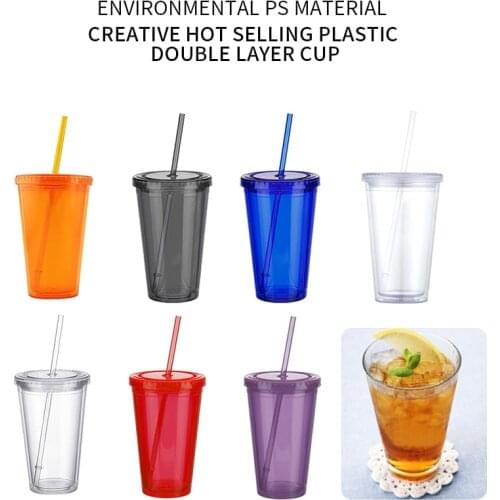 Double-walled Ice Cold Drink Coffee Juice Tea Cup Reusable Smoothie Plastic Iced Tumbler Travel Mug With Straw