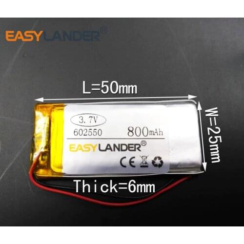 6x25x50mm 3.7V 800mAh Rechargeable li Polymer Li-ion Battery For MP3/MP4/Game Player mouse GPS PSP Lampe speaker 602550 062550