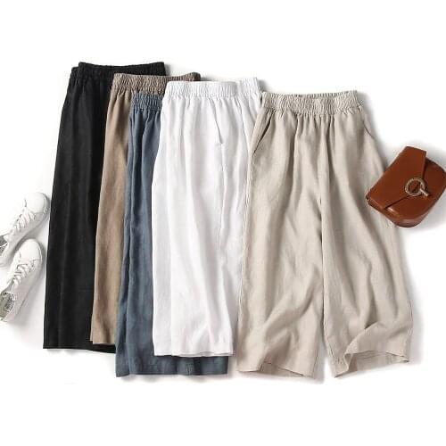 Linen cropped trousers female summer linen new linen cotton wide leg pants loose large size high waist casual pants thin