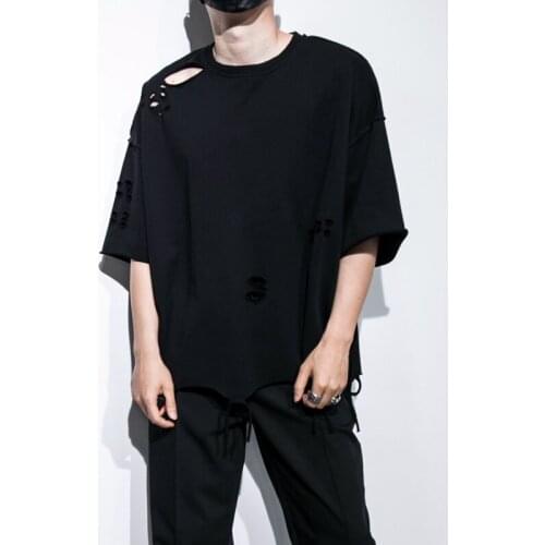 Diablo Tide brand Yamamoto Wind Falling Shoulder Sleeves Fringe Holes Loose Five-point Sleeve T-shirt Middle Sleeve T-shirt Men