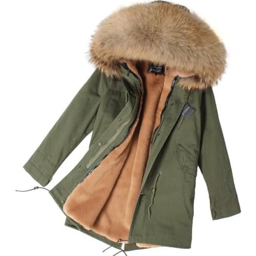 2021 Men Real Fur Coat Parka raccoon Fur collar faux fur liner army green long coat Streetwear fashion Winter Warm Jacket