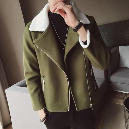 New Autumn Winter Mens Lambswool Collar Lapel Zip Up Wool Blends Coats Warm Casual Men Coat Black Green Outwear K065