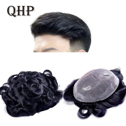 QHP Men Toupee 100% Human Hair Replacement Systems Indian Hairpieces Mens Wig 0.12-0.14mm Thickness Mens Capillary Prothesis