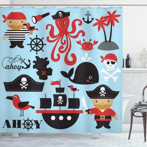 Pirate Shower Curtain Set Sailor Ship Octopus Ahoy Marine Palms Curtain for Bathroom Decor 12 Hooks Decorative Bath Accessory