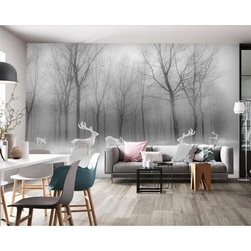 Beibehang Custom wallpaper Nordic forest Elk Abstract Woods Black and white landscape TV backdrop Home decor murals 3d wallpaper