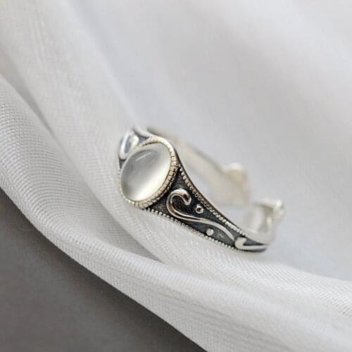 Real 925 Sterling Silver Lady Retro Style Charm Ring Inlaid Natural Moonstone Resizable Opening Rings Trendy Jewelry Gift