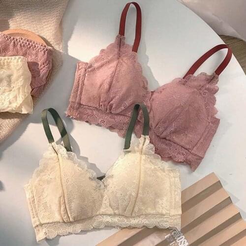 Roseheart Women Fashion White Pink Bra Set Padded Bralette Lace Cotton Panties Push Up Underwear Sexy Wireless Lingerie