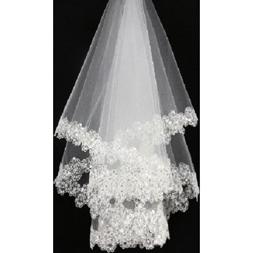 White Ivory Hot Selling Wedding Veils Short Bridal Veils Wedding Accessories With Lace Appliques Sequin Veils Veu De Noiva