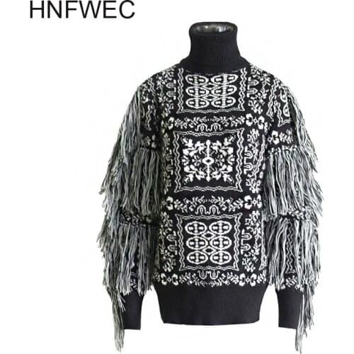 Tassel Print Sweater For Women Stand Collar Lantern Long Sleeve Hit Color Casual Pullovers Sweaters Female 2020 Winter New K583