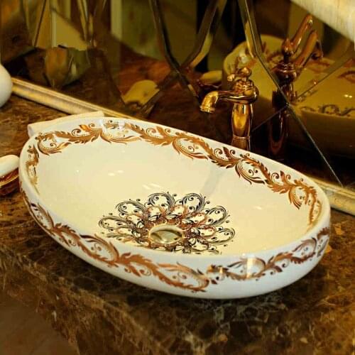 Increase Oval porcelain luxury basin bathroom sinks hand painted white gold pattern porcelain ceramic wash basin bathroom sink