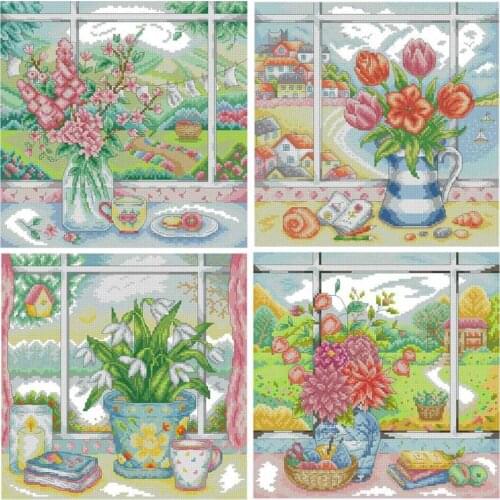 Vase on the windowsill patterns counted 11CT 14CT 18CT DIY Cross Stitch Sets wholesale Cross-stitch Kits Embroidery Needlework
