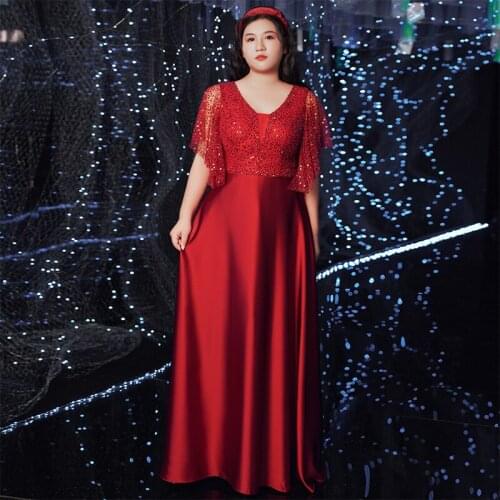 Evening Dress V-Neck Ruffles Short Sleeve Floor-Length A-Line Lace Up Ruched Sequins Red Women Party Plus Size Formal Gowns D452