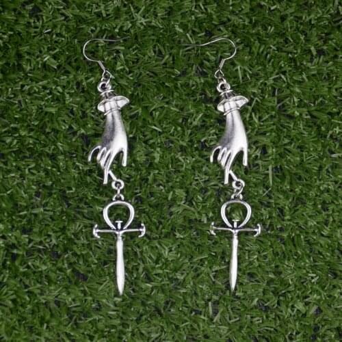 Vintage Victorian Hand Vampire Ankh Dangle Earrings Witch Jewelry For Gift