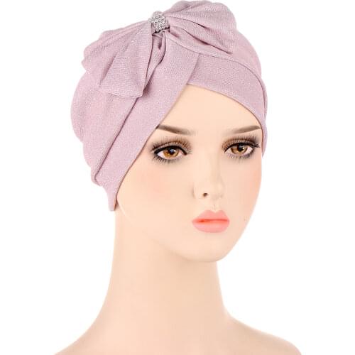 2021 new multicolor glitter bowknot fashion turban hat cross forehead big bow diamond-studded turbans for women headwrap muslim