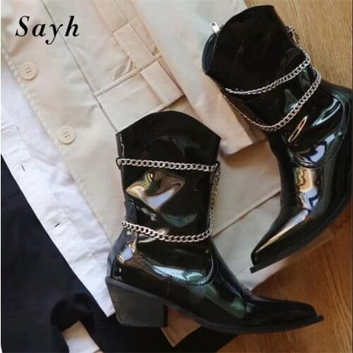2020 Black Women Runway Design Platform Metal Chain Ankle Boots Zipper Luxury Brand Design Thick Heel Punk Chelsea Martin Shoes