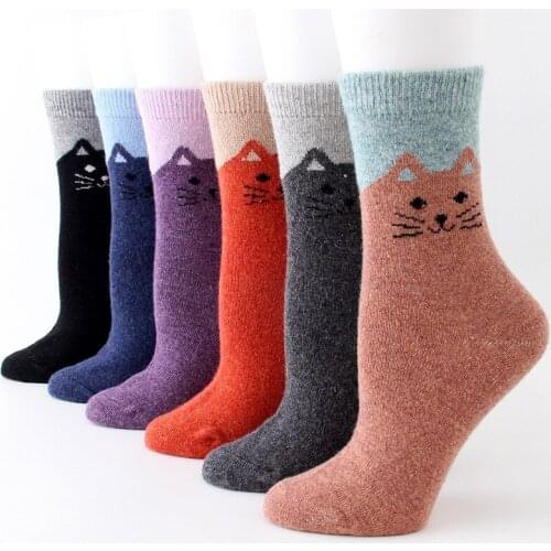 Fly Love Wool Socks for Women Winter Thick Warm Cozy Cat Pattern Middle Tube Crew Boot Socks 12 Pairs